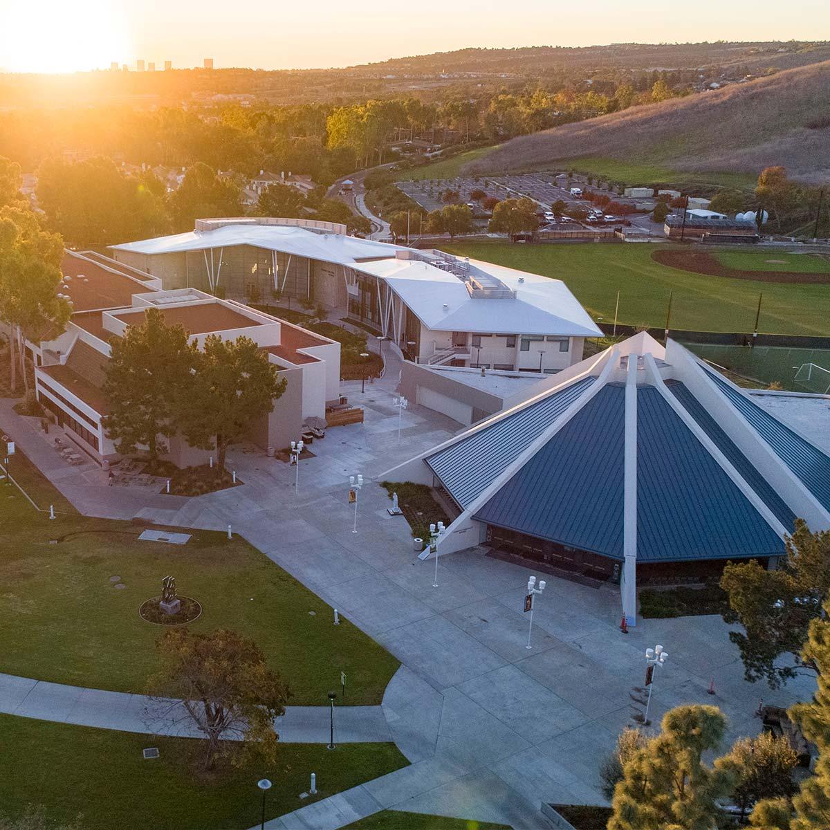 Aerial campus photo of CU Center and Borland-Manske Center